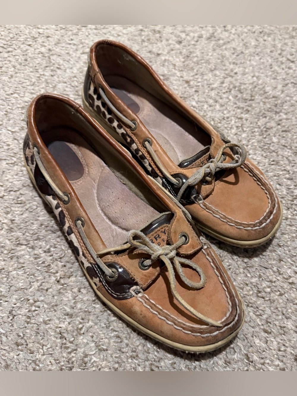 Sperry Brown Leather and Leopard-Print Boat Shoes Size 8